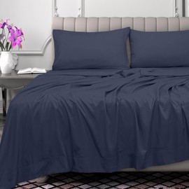 Royale Linens 300 Thread Count 100% Long Staple Combed Cotton Flat Sheet - Super Soft - Top Sheets - Twin Flat Sheet Sold Separately - Breathable, Cool & Crisp Percale Sheets Only (Twin, Navy)