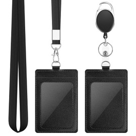 DUPENCD 2 Pack Badge Holders, Vertical PU Leather ID Badge Card Holder with Detachable Neck Lanyard Strap and Retractable Badge Reel ID Card Holders Set, Detachable Keychain, Cruise Ship Cards Holder