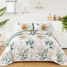 Anibedding Floral Quilt Set Full,3 Pieces Reversible Elegant Green Leaves Pattern Bedspread Coverlet Soft Microfiber Bed Cover for All Season(90"×78")
