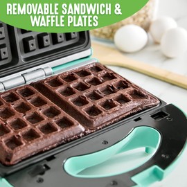 GreenLife Electric Waffle Sandwich Maker, Toaster, Panini Press with Healthy Ceramic Nonstick Plates, Perfect for Tuna Melts, Crispy Rice, Grilled Cheese, LED Indicator Light, PFAS-Free, Turquoise