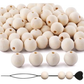 SOSMAR Pack of 100 x 20 mm Large Wooden Beads Natural Untreated Wooden Balls with Bead Threader for Macrame Bracelet Dream Catcher Craft Threading DIY Crafts