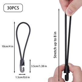 VirtuGro 30 Pcs Small Bungee Cords with Hooks, 10cm Short Elastic Bungee Ropes with Hook Heavy Duty Black Tarpaulin Rope Hooks for Tarpaulins Tents Flags Camping Tarp Luggage Tent Accessories
