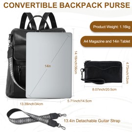 VASCHY Backpack Purse for Women, Large Vegan Leather Backpack Purse with Wallet Pouch Set Convertible Handbag for Ladies Guitar Strap Black