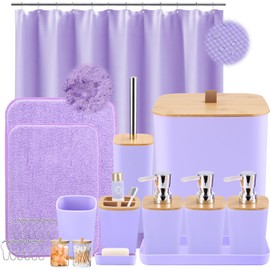 XLHOMO Bathroom Sets with Shower Curtain and Rugs, 27PCS Purple Bathroom Accessories Set with Trash Can, Purple Shower Curtain Set, No Slip Super Absorbent Bathroom Rugs