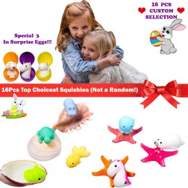 Mochi Squishy Toys Animal Squishies - 3 Surprise Eggs Mini Kawaii Cat Squeeze 16pcs Stress Relief Toys Squishys Unicorn Wristband Party Favors for Kids Toys for Claw Game Pinata Filler Machine Refill