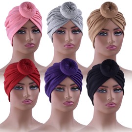 6 Pieces Womens Turban Hat Head Wraps for Women Circle Knot Pre-Tied Bonnet Turban for Women Beanie Cap Hat