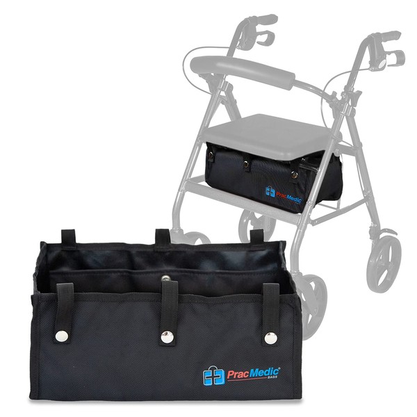 Extra Large Under Seat Rollator Bag Basket for Folding or Bariatric Walker, Rolling Walker Accessories for Seniors, Storage Bag for Medical Essentials, Oxygen Tank, Shopping by PracMedic Bags (Black)