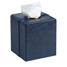Cretkhp Luxury Square Tissue Box Cover, PU Leather Tissue Box Holder with Magnetic Closure and Gold Decorative Grommets for Bathroom Bedroom, Decorative Elegant Cube Tissue Holder (Blue)