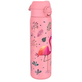 Ion8 Steel Water Bottle, 600 ml/20 oz, Leak Proof, Easy to Open, Secure Lock, Dishwasher Safe, Flip Cover, Fits Cup Holders, Carry Handle, Durable, Metal Water Bottle, Raised Print, Flamingo Design
