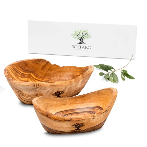 SOLTAKO High-quality rustic snack bowls made of olive wood, decorative bowl, natural wooden bowl, key rack, jewellery bowl, olive wood bowl, dip bowl, handmade. Approx. 14 cm, height 4.5 cm
