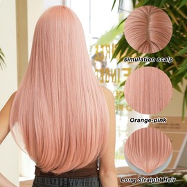 TRUMOST Peach Pink Wig with Bangs for Women 28 Inch Long Straight Synthetic Wig Natural Looking Heat Resistant Fiber Hair for Daily Party Cosplay Use