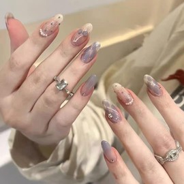 LIyun&Hang 3D Press on Nails Oval Shapes 24Pcs Glossy Full Cover Artificial Fake Nails, bowknot and Dridding With Rhinestones Pearl Flashing Design, Reusable Luxury jelly glue Stick On Nails (type-12)