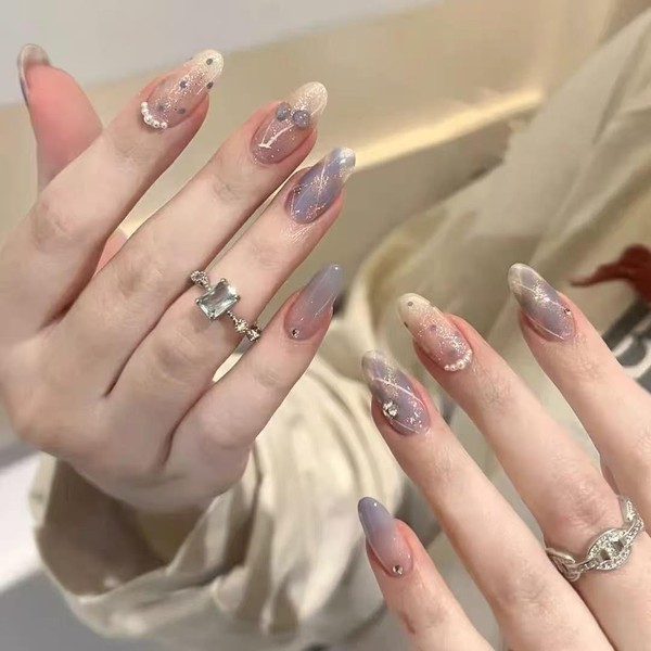 LIyun&Hang 3D Press on Nails Oval Shapes 24Pcs Glossy Full