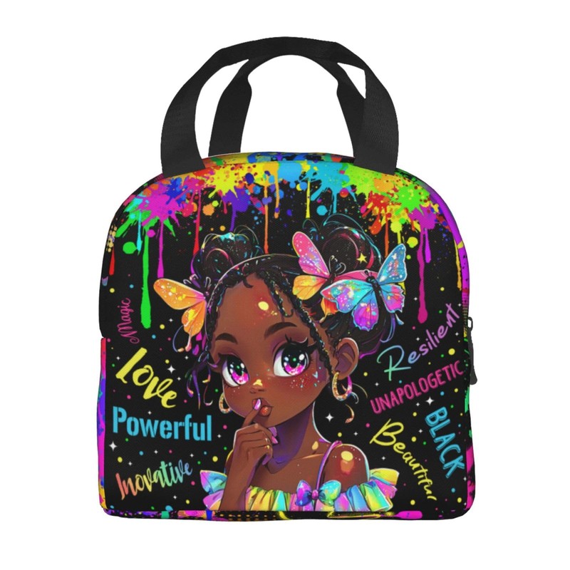Quelindra Watercolor Doodle Lunch Boxes,Black Women Lunch Box，Graffiti Lunch Bag，African