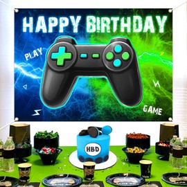 Video Game Birthday Backdrop 4.92 * 6.88ft Blue and Green Video Game Happy Birthday Backdrop Banner Gaming Level Up 1st 2nd 3rd Boy Bday Decoration Neon Glow Gamer Game On Party Supplies