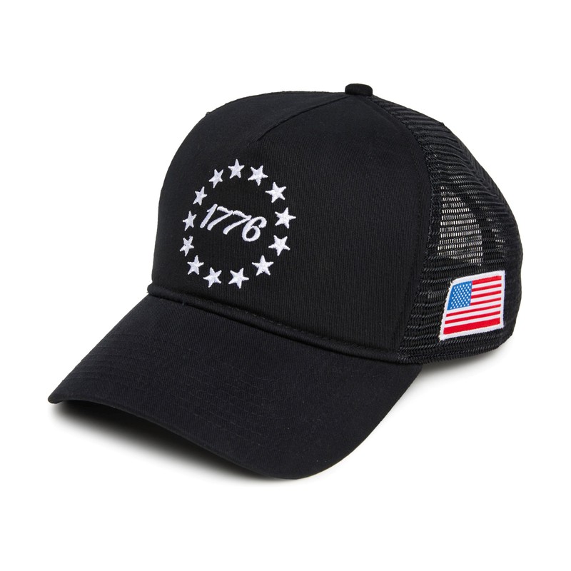 Structured Cotton Mesh 5 Panel Vintage Trucker Hat: 1776 (Black)