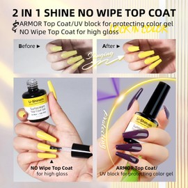 U-Shinein Shine UV Top Coat, 2 IN 1 No Wipe and Sunscreen Top Coat Gel, Sun Protection Topcoat Glassy Clear Gel Top Coat, Shiny Top Coat Keeps Nails From Yellowing or Staining Need UV Lamp 15ml