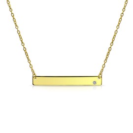 Sideways Bar Name Plated Engravable Pendant Crystal Pendant Necklace For Teen For Women 14K Gold Plated Sterling Silver