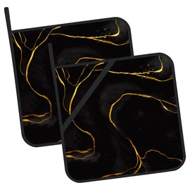 Black Golden Marble Pot Holders 2 PCS for Kitchen, Heat Resistant Hot Pads for Cooking Grilling Baking BBQ, Pot Holders for Women Cook Essentials Accessories Home Microwave
