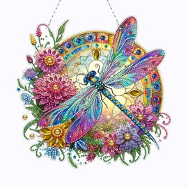 EOBROMD Diamond Art Painting Kits for Adults, Dragonfly DIY Ornament Diamond Art Kits Hanging Pendant for Window, Special Shape Crystal Art for Home Wall Door Art Decoration