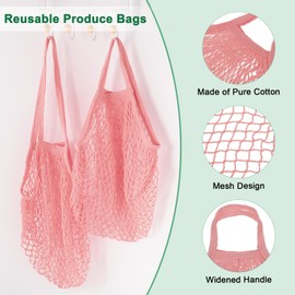M METERXITY 2-Pack Cotton Mesh Bag, Reusable Washable Mesh Net String Grocery Bags, Reusable Produce Bags with Handle, Net Tote Bag for Fruits Shopping [Pink-Gray, Long&Short Handle]