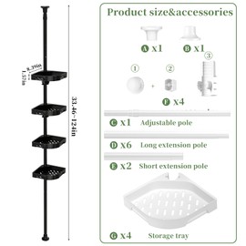 akinbas Tension Pole Shower Caddy Organizer with4 Tier L-Shaped Rust Resistant Bathroom Corner Shelves with 34-124 Inch Adjustable No Drilling Quick Install Shower Rack for Bath Essentials (Black)