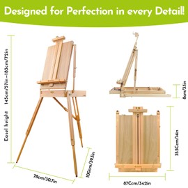 CONDA Large Wooden French Easel and Sketchbox Easel, Adjustable Tripod Easel Stand with Drawer and Palette for Artist, hobbyists, Professionals, Ideal Easel for Painting, Sketching, and Display