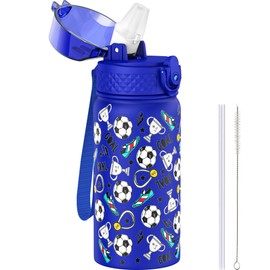 GOPPUS 420ml/14oz Kids Insulated Water Bottle with Straw Cute Double Wall Stainless Steel Child's Small Flask Vacuum Insulated Steel Metal Leak Proof Drink Flask Boys Toddler Girls Flask BPA-Free