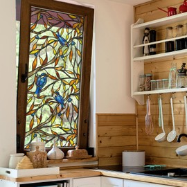 ChicSkin Faux Stained Glass Window Film Birds Decorative Colorful Decor, Double Sided Privacy Film Vintage, Summer Window Clings 16.93"X39.37"