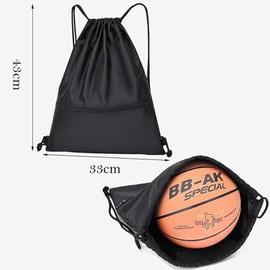 Drawstring Backpack String Bag with Zipper Side Pocket Water Resistant Gym Sports Drawstring Backpack Simple Portable Storage Drawstring Backpack for Football Basketball Swimming Travel (Black)