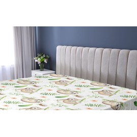 Ambesonne - Sábana bajera ajustable con diseño de perezosos y madres, flores de colores suaves, hojas de árbol de coco, familia feliz, funda de cama con bolsillo elástico profundo para mayor