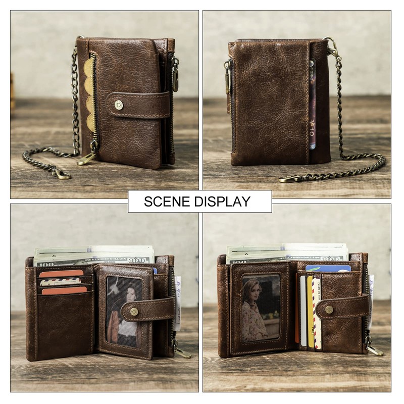 [Contacts] Crazy Horse Oil Leather RFID Anti-Theft Zipper Zipper Multi-septum