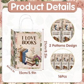 Wxiben Book Themed Party Decorations - 16 Pcs Book Club Party Favor Bags, Vintage Flower Goodie Candy Wrapping Paper Bags with Handles, Reading Theme Decor Supplies for Girls Women