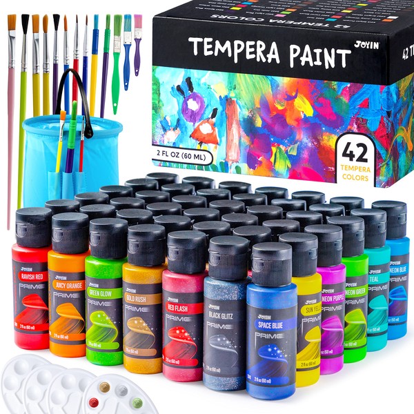 JOYIN Washable Paint for Kids 42PCS - Non-Toxic- Tempera Paint Set (2 oz Each), Liquid Paint with 15 Brushes and 4 Palettes - Paint for Arts and Crafts Project, Finger Painting