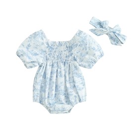 Himllauen Baby Girl Romper Outfit Floral Print with Headband Cute Romper Short Sleeve Bodysuit Summer Newborn Clothes for Baby Girls (Blue, 3-6 Months)