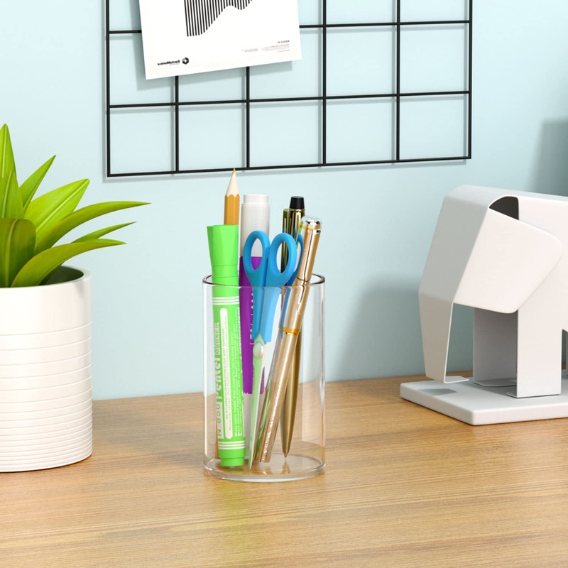 NIUBEE Clear Acrylic Pen Holder for Desk, Round Acrylic Pencil