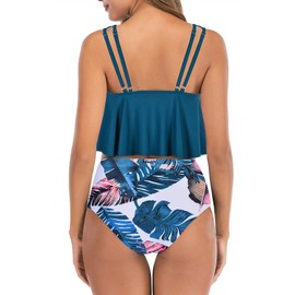 Traje de baño de bikini de cintura alta para mujer, talla grande, parte superior con volantes, parte superior clásico con control de abdomen, Flor azulada, XXL