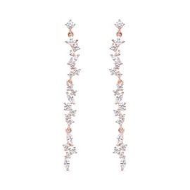 Crystal Linear Drop Earrings, Rose Gold Plated, Cascading CZ Stones, Long Dangle Design