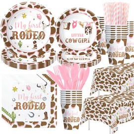 Suhelkit My First Rodeo Birthday Party Supplies Girl, Wild West Western Cowgirl 1st Birthday Decorations Tableware, Plate, Cup, Napkin, Tablecloth, Disposable Cutlery, Serves 24