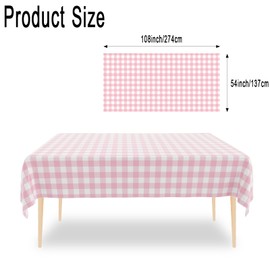 Wuvolution party Pink and White Gingham Tablecloth (2 Pack),54 x 108 Inch Checkered Table Cloth Rectangle,Pink Picnic Plastic Table Cloth Disposable, Camping Checkered Tablecloths Rectangular.