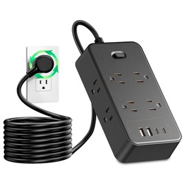 GALASALA Regleta Multicontacto Extension Electrica con Protector Supresor de Picos de Voltaje, 1.8 M, Enchufe Plano, 8 Salidas y 2 USB (2 USB C), Sleek Socket para Hogar Oficina (Negro)