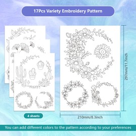 GLOBLELAND 4 Sheets Flower Leaf Wreath Pattern, Water Soluble Hand Sewing Stabilizers for Fabric, Embroidery, Stitch Exercise, Embroidery Stickers, Washable Stabilisers for Embroidery