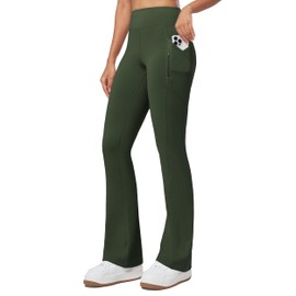 Willit Women's Fleece Lined Pants Thermal Leggings Winter Bootcut Yoga Pants Zipper Pockets Flare High Waist Water Resistant 29'' Olive Green XL