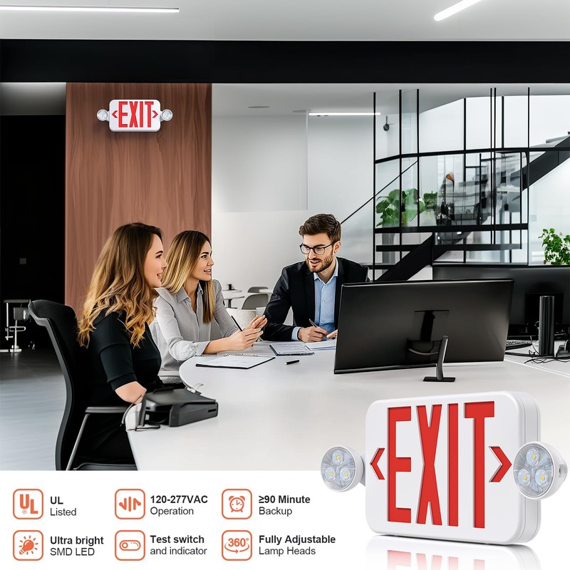 SASELUX Led Exit Sign Emergency Light Combo Adjustable Two Head,Double