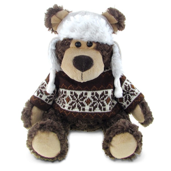 DolliBu Plush Grizzly Bear Stuffed Animal - Soft Plush Huggable Brown Grizzly Bear Wearing Hat & Sweater, Adorable Toy Wild Life Cuddle Gifts for Kids and Adults - 9 Inch