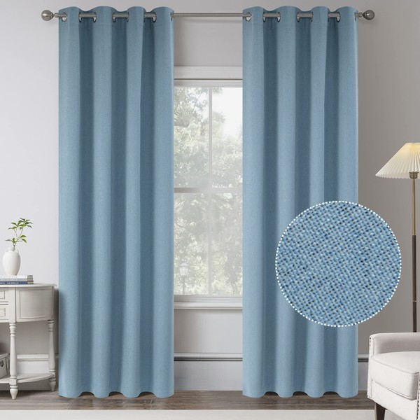 Air Blue 100 Percent Blackout Linen Curtains - 2 Panels