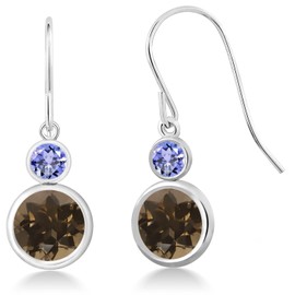 Gem Stone King 925 Sterling Silver Brown Smoky Quartz and Blue Tanzanite Hook French Fish Ear Wire Dangle Earrings For Women (3.64 Cttw, Gemstone Birthstone, Round 8MM and Round 3MM)