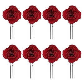 8 Pcs Rose Flower Hair Pins U Shaped Hairpins Floral Hair Forks Bridal Hair Flowers Brides Hair Clips Wedding Hair Jewelry Bridesmaid Hair Accessories for Women Girls Red