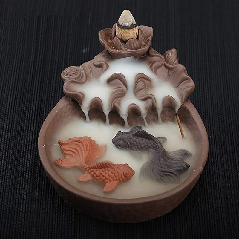 Two Fishes Incense Holders Ceramic Backflow Incense Burner Purple Clay