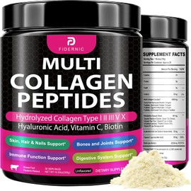 Multi Collagen Peptides Powder – Type I, II, III, V, X, Hydrolyzed Collagen with Hyaluronic Acid, Vitamin C, Biotin, Supports Skin Hair Nail & Joint, Non-GMO, Grass-Fed,Unflavored,30 Servings